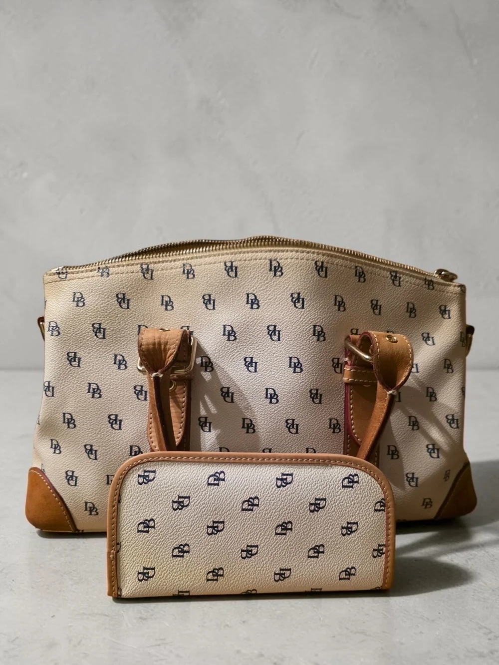 Dooney & Bourke Signature DB Monogram Satchel Tote & Matching Glass Case